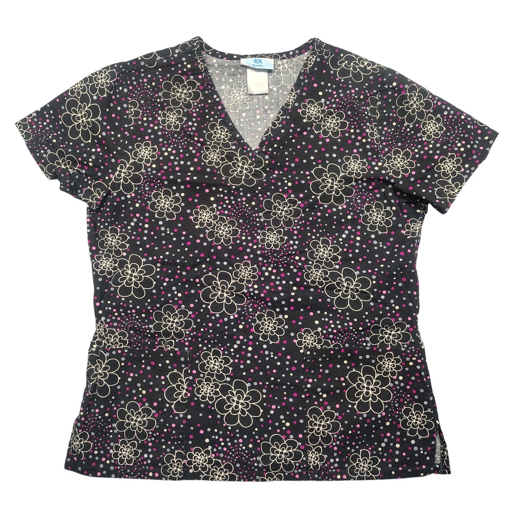 SB Scrubs Scrub Top Womens M V-Neck Floral Polka Dot Pockets Black Pink